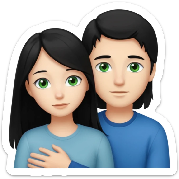 Make a couple hugging the girl is white with long black hair with blue eyes. The girl is hugging a boy with light brown short hair with green eyes. sticker