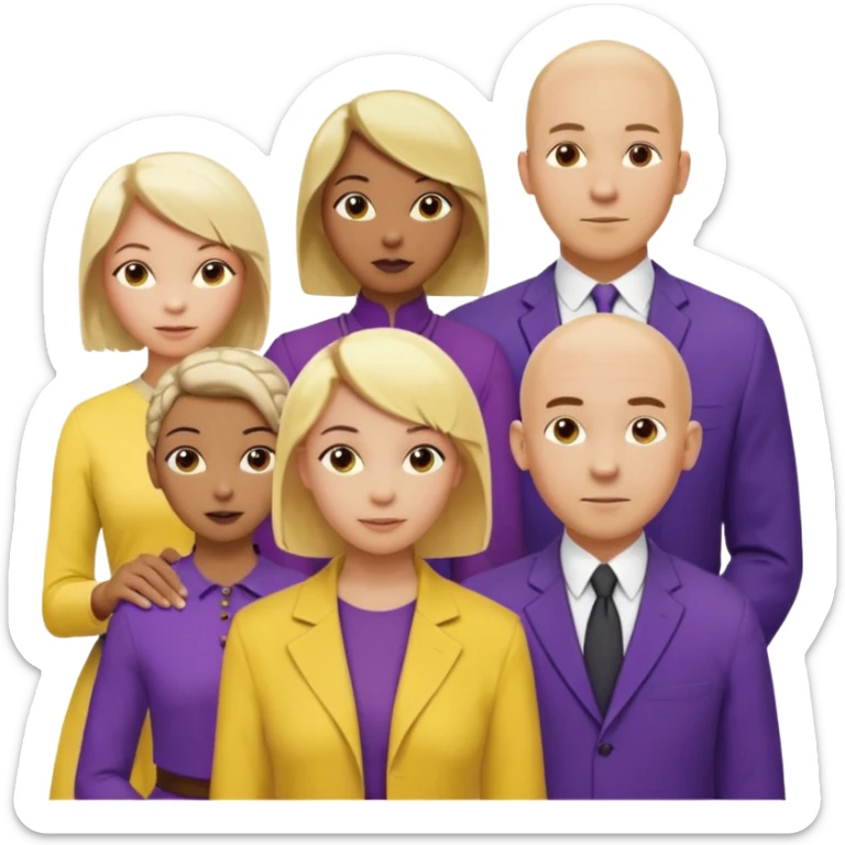 5 person team; 2 men and 3 women.  All dressed in yellow or purple.  1 caucasian woman with blonde mid length hair. 1 caucasian woman with blonde short length hair. 1 caucasian woman has ash blonde hair tied up. 1 man is African-american and bald, 1 man is caucasian and very little hair left.  
 sticker