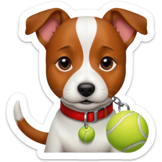 Jack russel terrier dog with a red leash and a green tennis ball  sticker