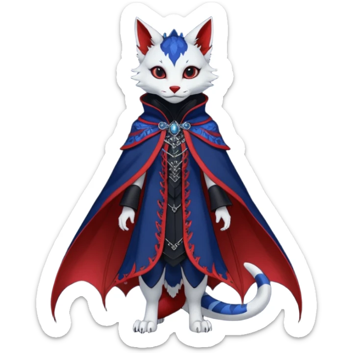 Kawaii gothic badass black, red, indigo, cute beautiful pretty elegant divine edgy feline-vernid-sergal-Haku-dragon-fursona-animal-creature, full body, with intricate detailed markings, Embroidered capelet, silken shawl sticker