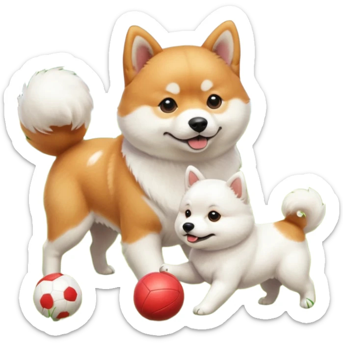 2 dogs, a ginger shiba inu and a small white dog breed coton de tulear, playing with a ball in a sunny garden sticker