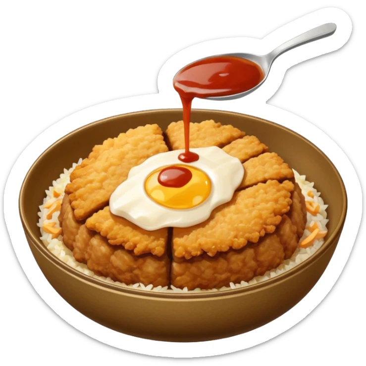 katsudon in a bowl: bowl filled with rice, a bit of sauce over the rice and a breaded pork cutlet sticker
