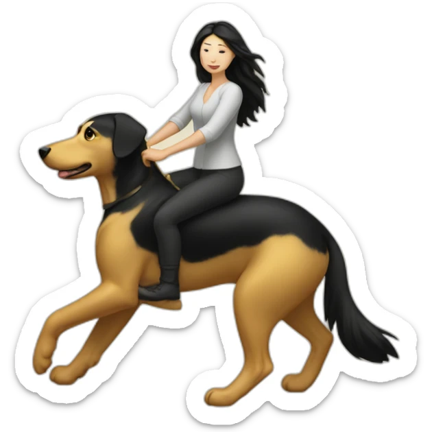 White woman with a black hair ridding a golden dog sticker