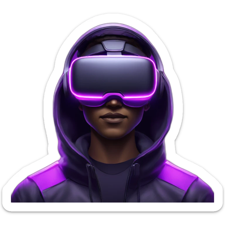 Cyberpunk style. Violet neon. White skin man in the black hoody with violet OMG VR logo on it. Man in vr headset oculus quest 2 sticker