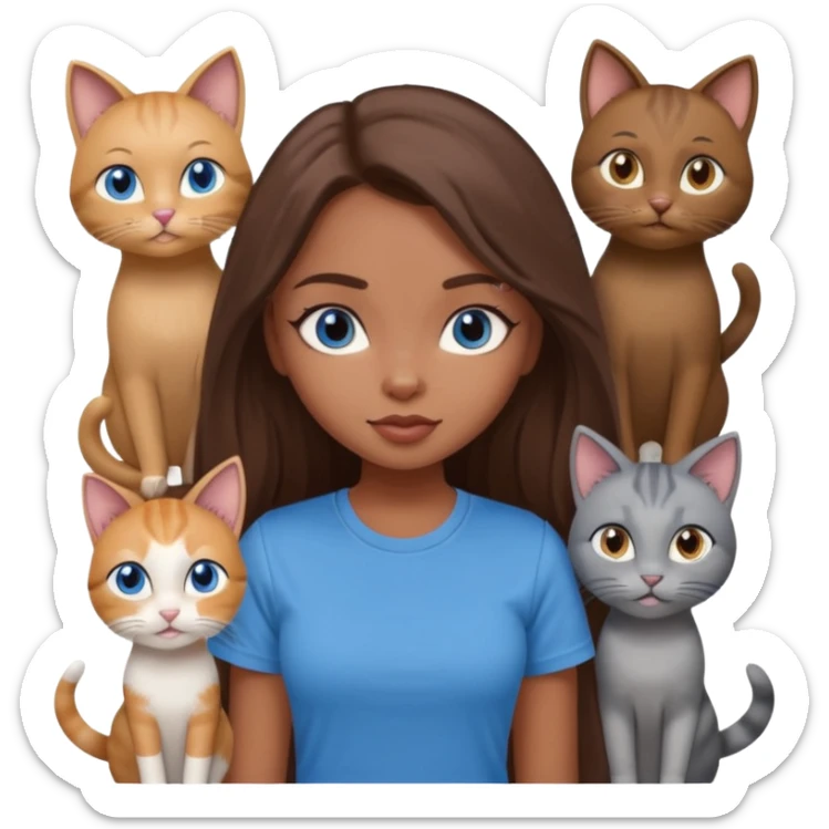 a pretty bratz dusky girl with long brown hair, blue eyes with six cats nd wearing a grey tshirt sticker