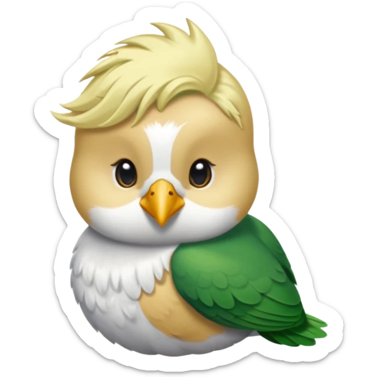 un oiseau classique de profil tout vert même sa tête  et un seul poil blond qui fait une petite bouclette sur le front avec le collier argenté avec des ronds attachés au collier est autour du coup de l’oiseau entre la tête et le corps sticker