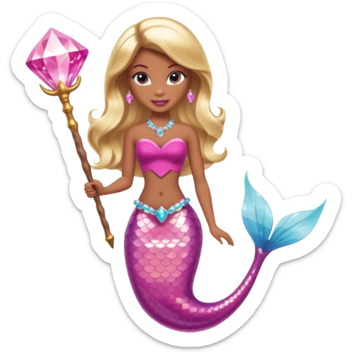 Brown skin blonde hair barbie mermaid with pink diamond tail and wand  sticker