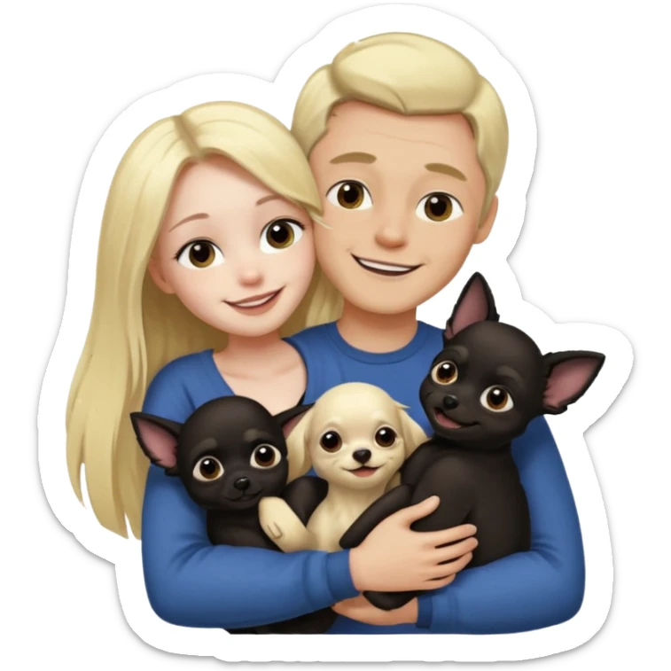 Hombre con pelo largo rubio chica de pelo negro  oscuro  y chihuahua negro amor sticker