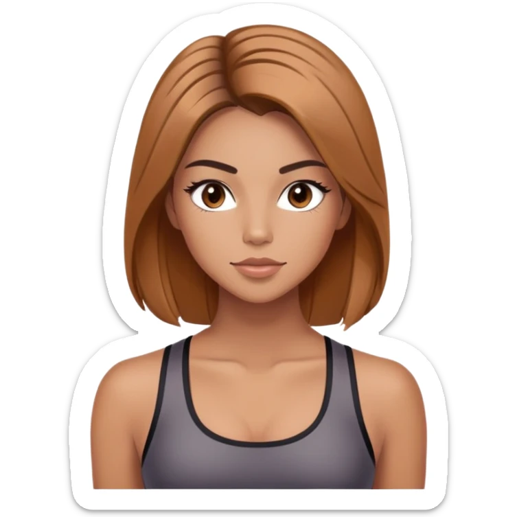 Pilates clean girl with a chest leinght hair blowout look dark brown with caramel highlights and blush and contour and like makeup with lashes like an abg  sticker