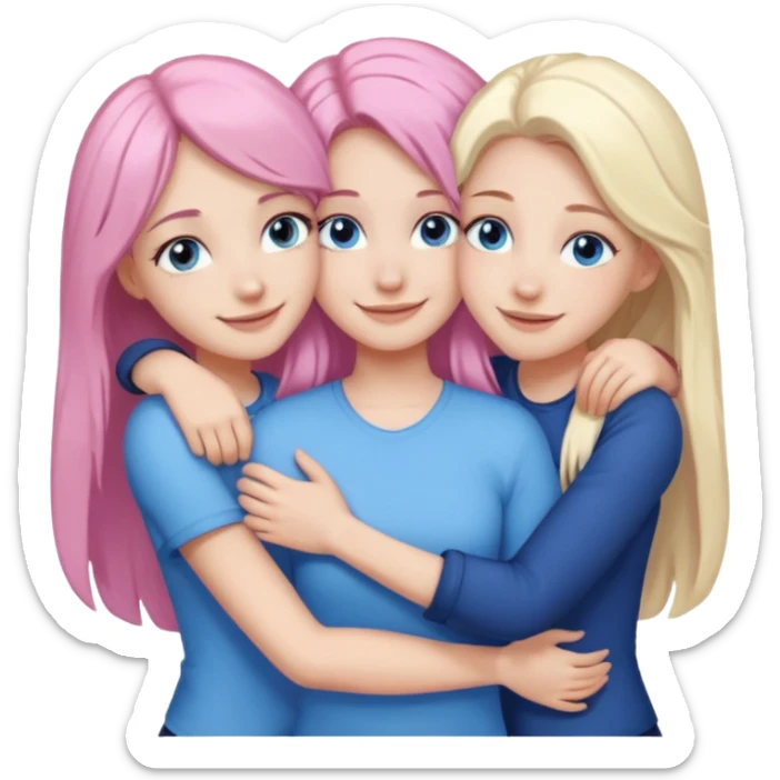four white grips hugging and smiling    2 girls with brown eyes and long dark brown hair. One girl with long light pink hair and blue eyes, one girl with blue eyes and light blonde hair sticker