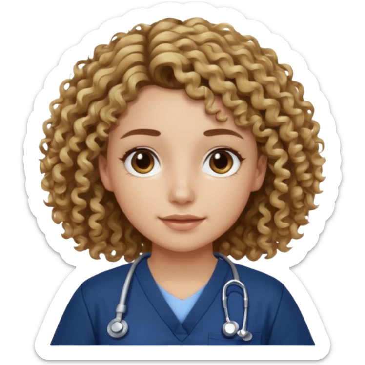 Curly brown hair with blonde highlights and a navy blue scrub top sticker