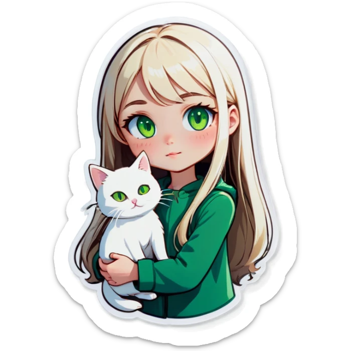 A pale girl with long blonde straight hair and green eyes holding a small white cat sticker