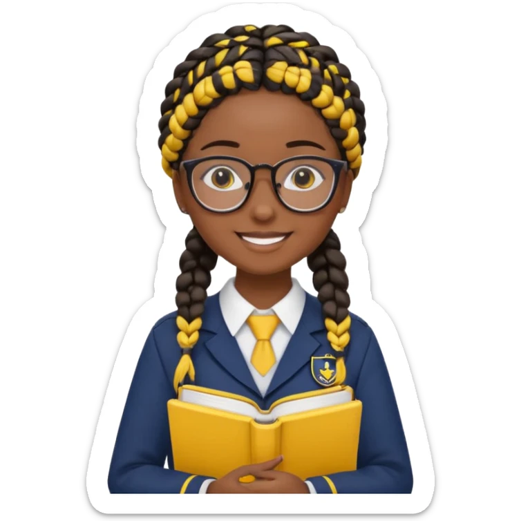Girl student wearing uniform, glasses, hold yellow book in front of their chest, black braided hair, dark skin sticker