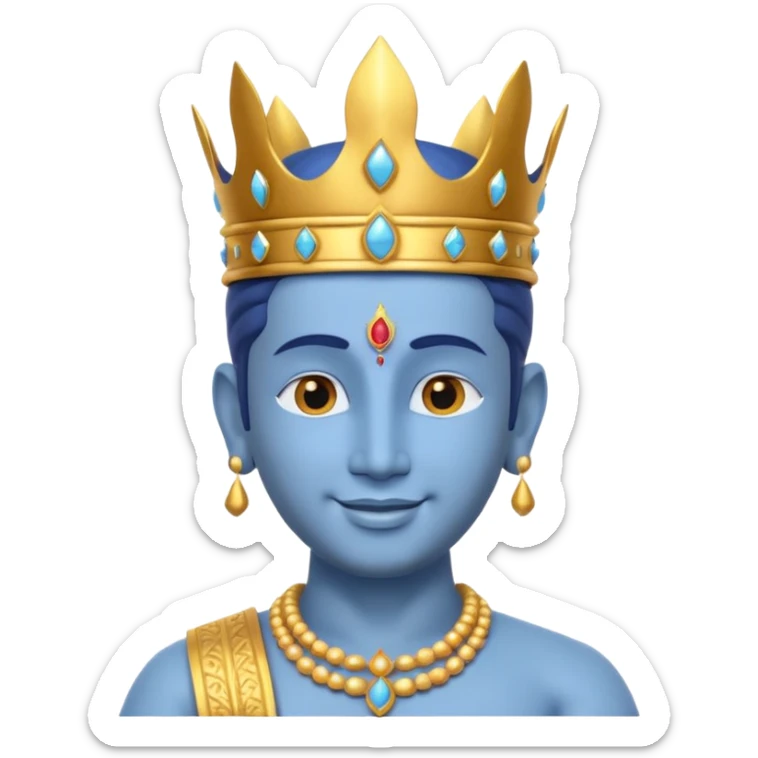 Hindu god Vishnu portrait, head and shoulders only, blue skin, golden crown, sacred jewelry, peaceful smile, divine aura, 3D cartoon, mobile game icon style, clean background, no text, no watermark
 sticker