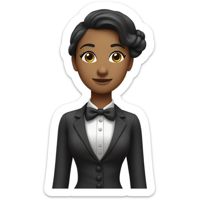 a female butler with a professional and elegant demeanor. She has her hair neatly tied in a ponytail and wears a classic butler uniform, including a tailored vest, crisp white shirt, and bow tie. sticker