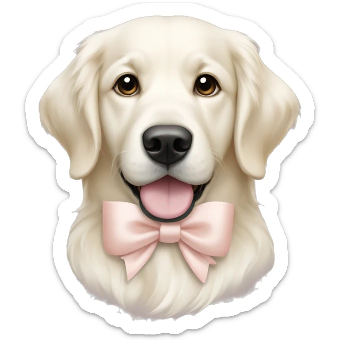 White golden retriever with pale blush bow around its neck sticker