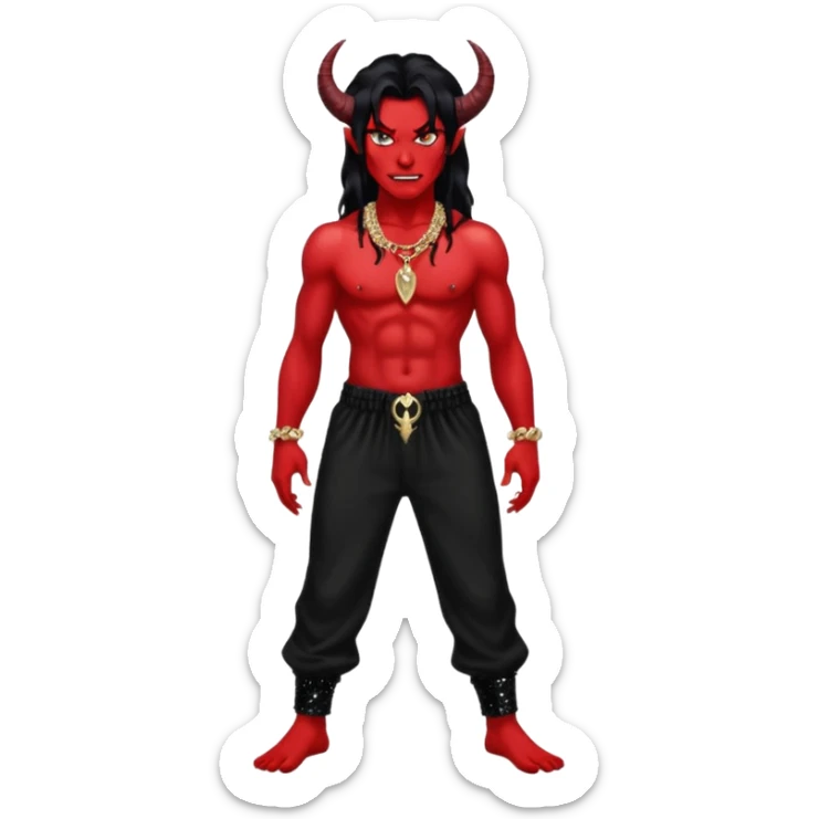 Satan with red skin, long black hair, black sequin baggy pants, shirtless with necklace sticker