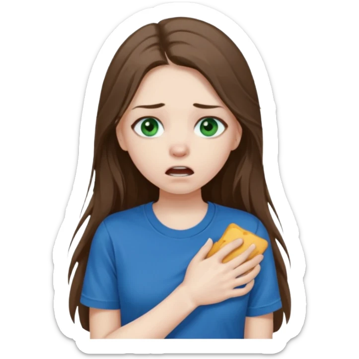 Cute girl with pale skin, long brown hair, dark green eyes and blue t shirt who is chocked sticker