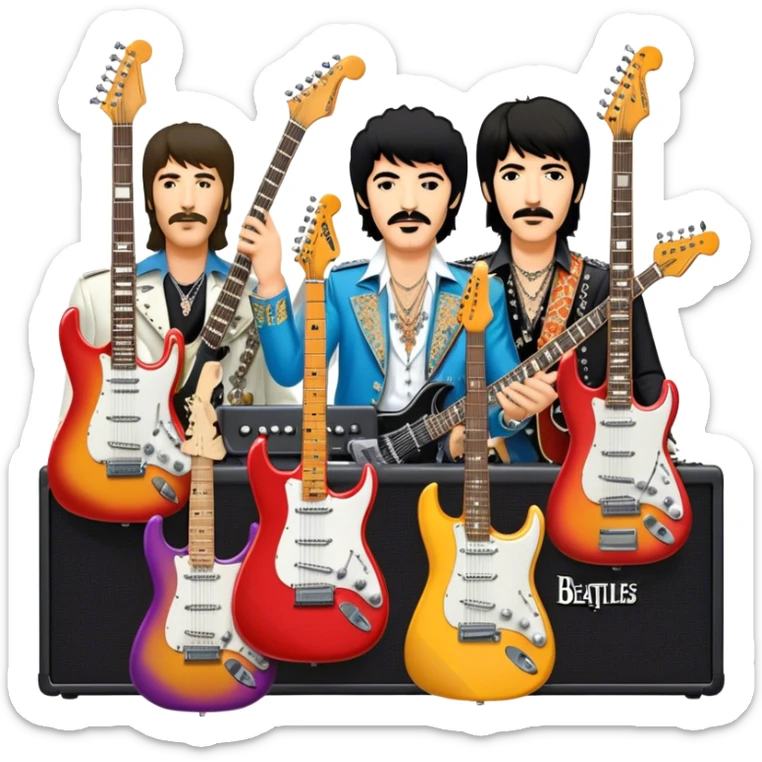 Rock music icon: collage of legendary rock stars—The Beatles, Jimi Hendrix, Elvis Presley, Queen, Nirvana, Led Zeppelin. Electric guitars, amplifiers, and microphones surrounded by vibrant stage lights and musical notes. Transparent background. sticker