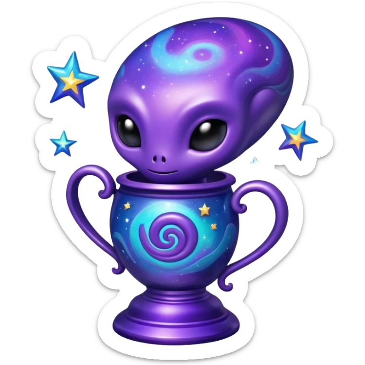 An alien trophy with cosmic colors, deep purples and blues, galaxy swirls, and tiny stars embedded in the design sticker