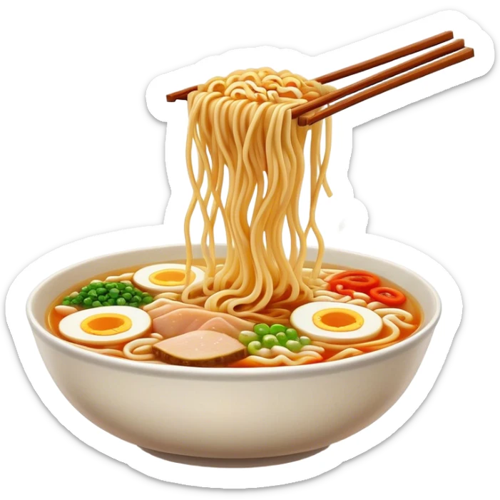 Cinematic Realistic Ramen Dish Emoji, showcasing a steaming bowl of rich broth with noodles and toppings rendered with dynamic textures and inviting, warm lighting. sticker