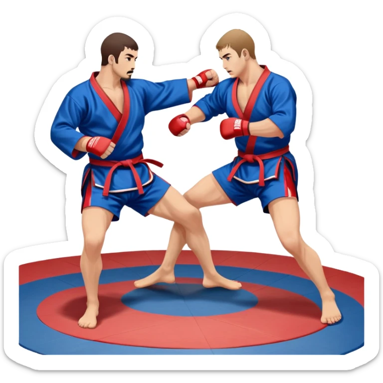 Two Sambo fighters in blue and red kimonos, with shorts and wrestling shoes, performing grappling and throwing techniques. The background shows a wrestling mat and an intense, focused atmosphere. Transparent background highlights the fluidity and skill of the sport without strikes. sticker