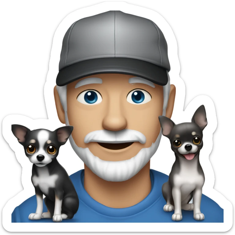 blue eyes gray hair gray goatee man in ball cap holding black longhair chihuahua  sticker
