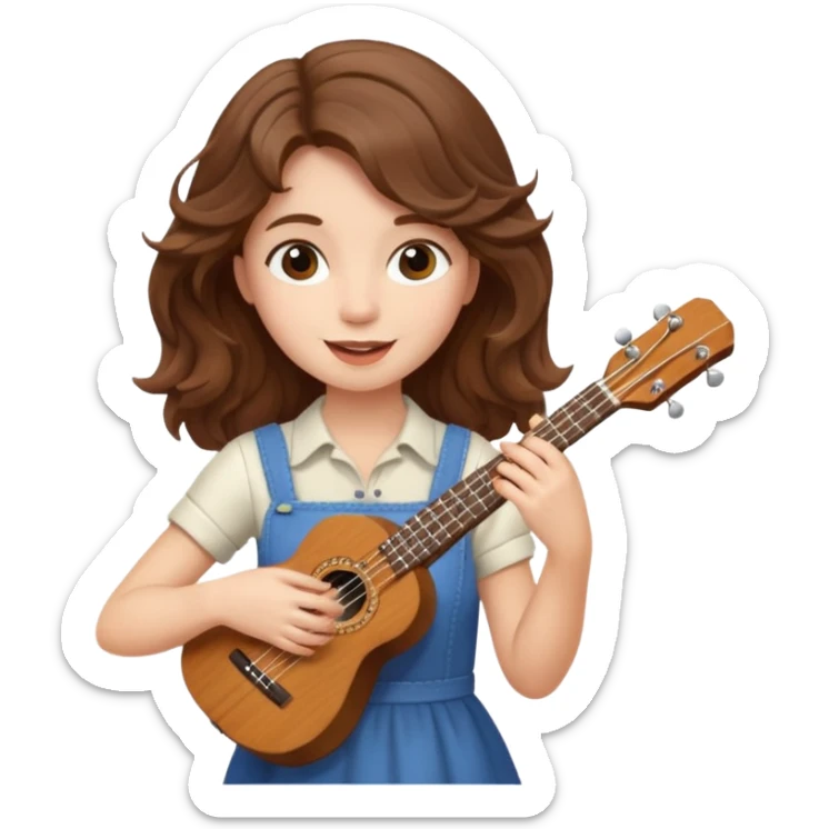 A fair-skinned girl with wavy brown hair is playing the ukulele. sticker