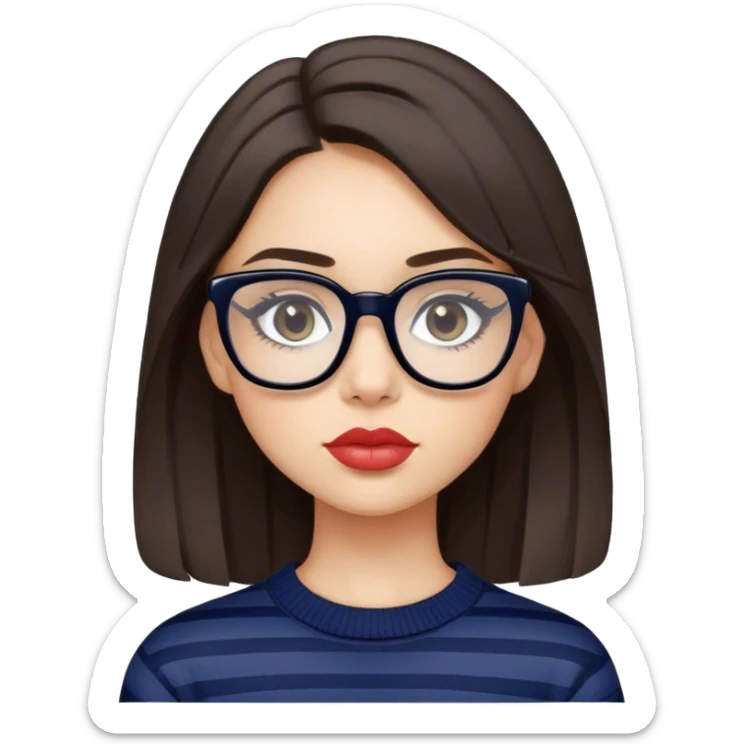 Brunette girl with gray eyes, black semi square glasses wearing a navy sweater with white stripes and lip gloss sticker