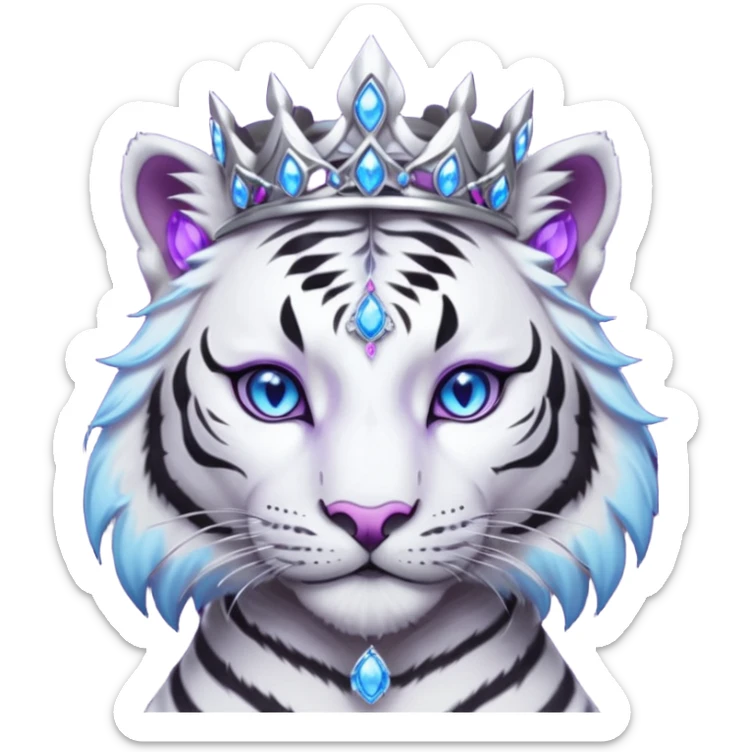 ESO Female white/black tiger khajiit leader of the umbral rose, glowing blue eyes, glowing blue 'third eye' gem; beautiful desined purple gemmed silver tiara sticker