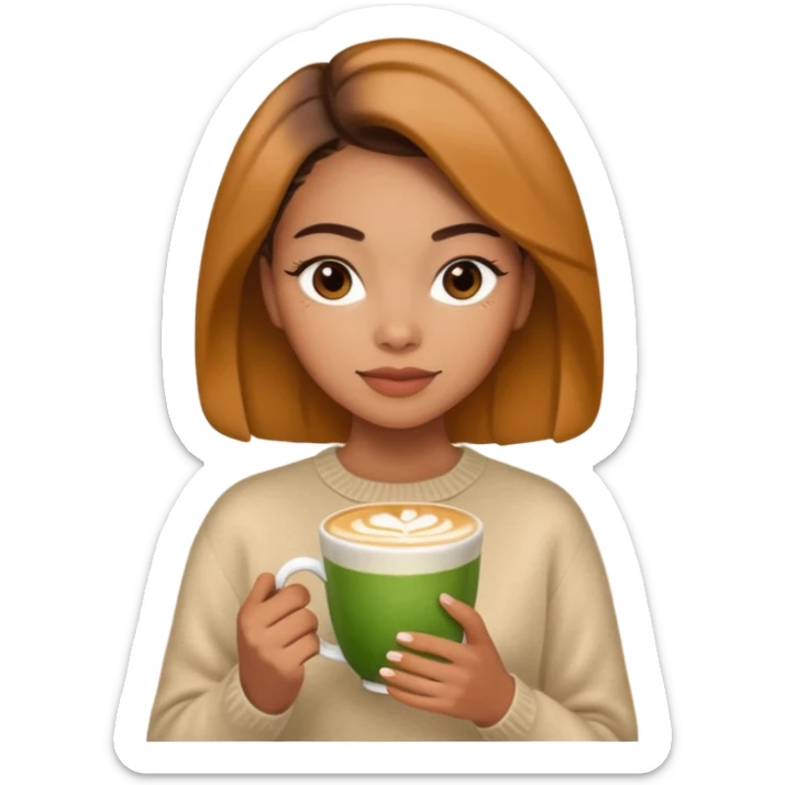 Mixed-race woman with caramel skin, wearing a beige cashmere sweater, holding a cup of matcha latte sticker