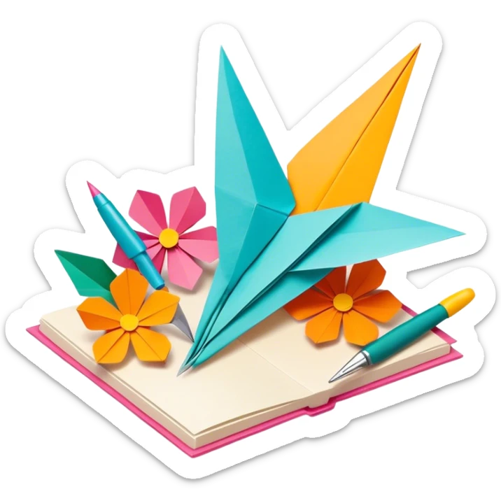 "Paper crafting icon, various paper crafts like origami, paper flowers, and scrapbooking materials, visible tools such as scissors, glue stick, and paper sheets, colorful paper patterns, minimalistic style, clean lines, transparent background." sticker