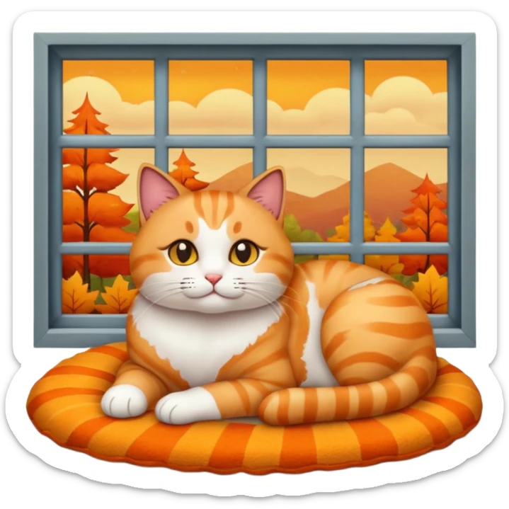 curled-up cat emoji on a rug with a rainy window and autumn tones in the background sticker