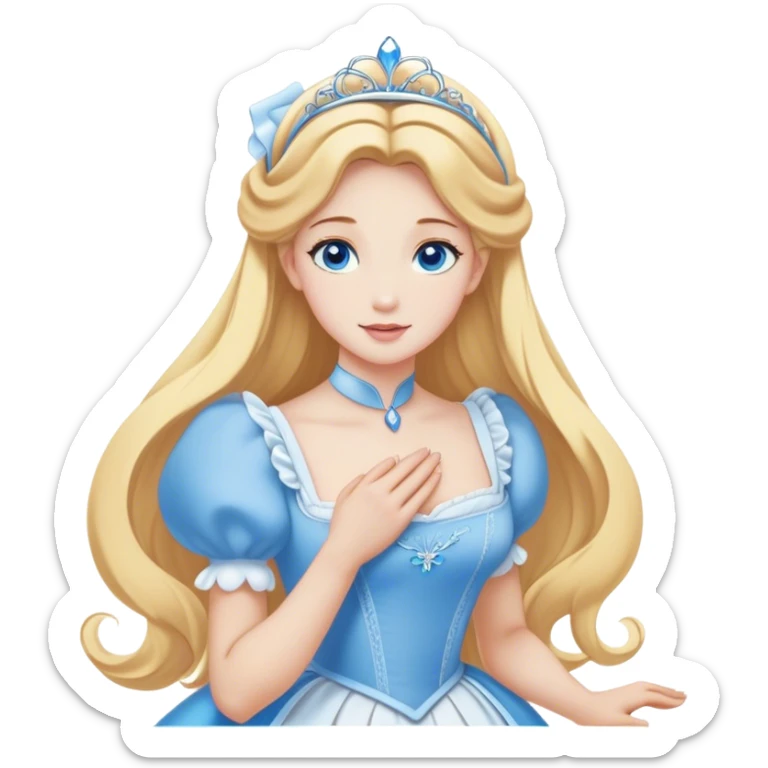 Cinematic Elegant Cinderella Portrait Emoji, Graceful and poised in her classic maid attire, golden locks cascading softly, bright blue eyes full of hope, a gentle glow of kindness and determination, delicate and humble yet undeniably beautiful, evoking the moment before her magical transformation, pure enchantment in her gaze! sticker
