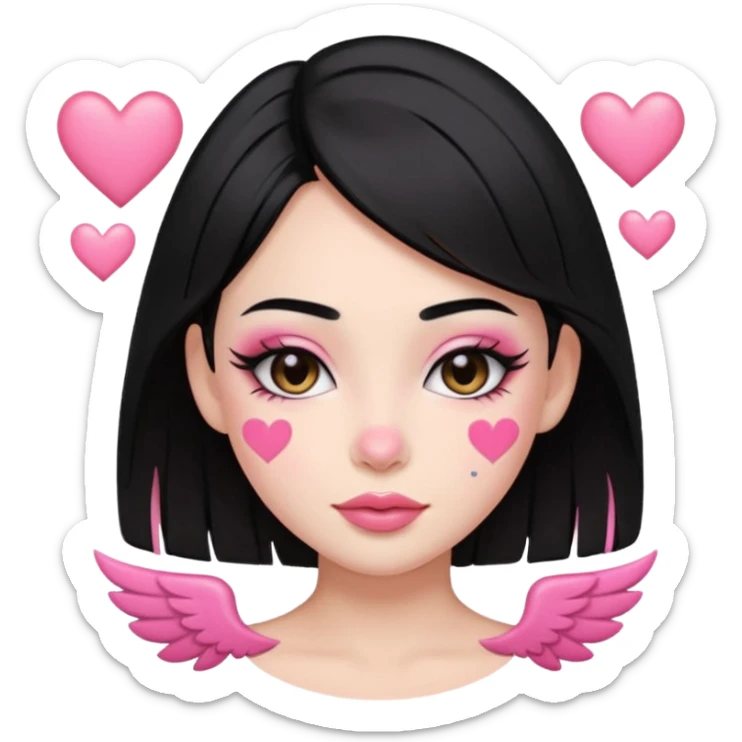 “Emoji girl, pastel pink streaks in black hair hair, bold winged eyeliner, heavy blush on cheeks and nose bridge, under-eye hearts, glossy pink lips, playful smirk.” sticker
