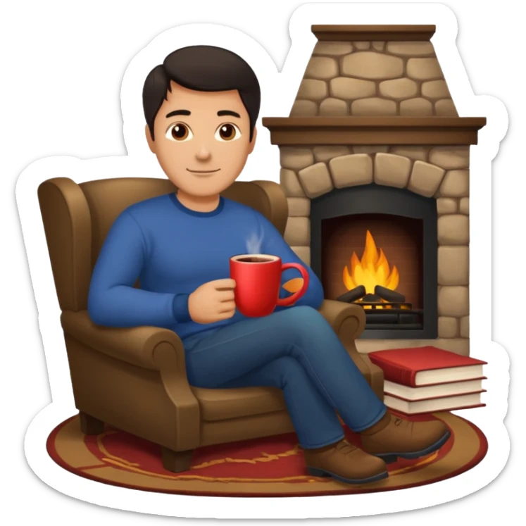 Handsome 45 year old man with dark hair sitting by a fireplace with a hot drink and a book. sticker