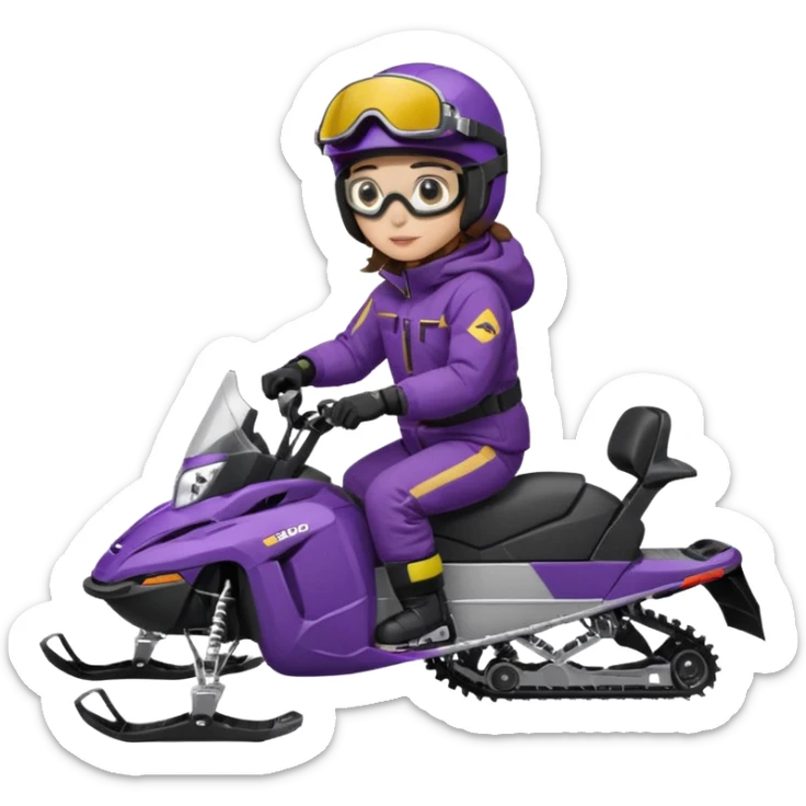 Brown hair, ski-doo jacket and pants ski doo boots helmet and goggles, dark purple sled Sitting on dark purple snowmobile goggles and helmet not covering my face brown eyes white skin sticker