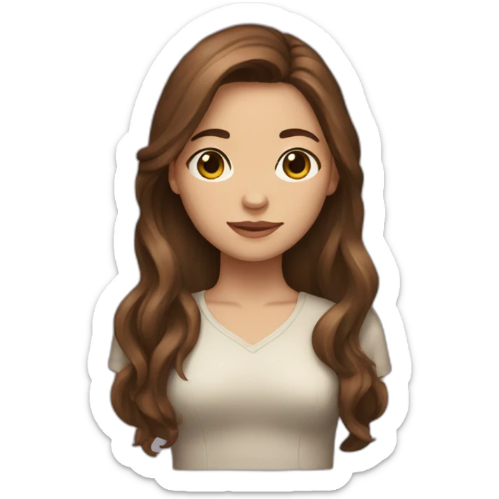 brown-haired woman with long hair, brown eyes, showing a heart sticker