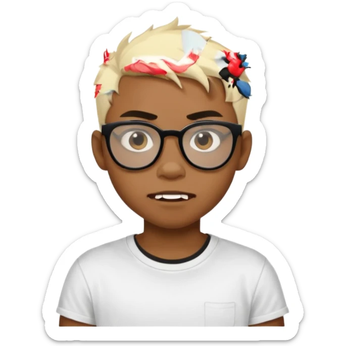 Black Male Teenager with Short punk messy blonde hair, Dark brown bushy eyebrows large expressive golden-brown eyes, wearing a plain white t-shirt, wearing thick black glasses, Dark Brown skin color. vampire tooth sticker