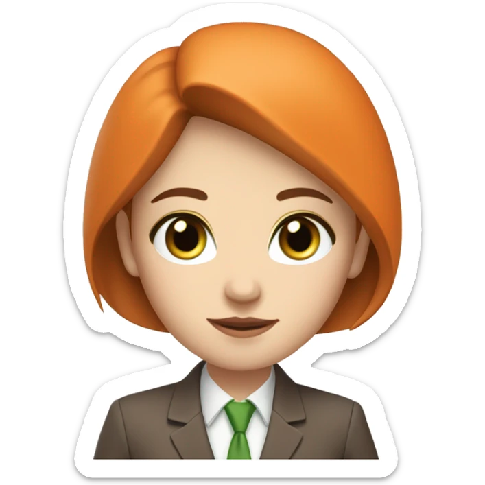 young woman with green eyes, pale white skin, and brown hair in an orange business suit sticker