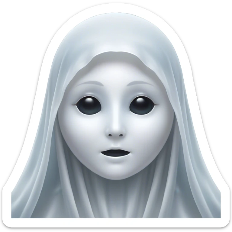 Cinematic Noble Ghost Portrait Emoji, Ethereal and dignified, with a flowing, translucent form in silvery-white hues, wispy and majestic, and a calm, otherworldly expression with deep, thoughtful eyes, simplified yet sophisticated features, highly detailed, glowing with a soft, spectral radiance, high shine, exuding regal mystery and quiet authority, with a soft glowing outline that captures the essence of a ghostly guardian drifting from another realm! sticker