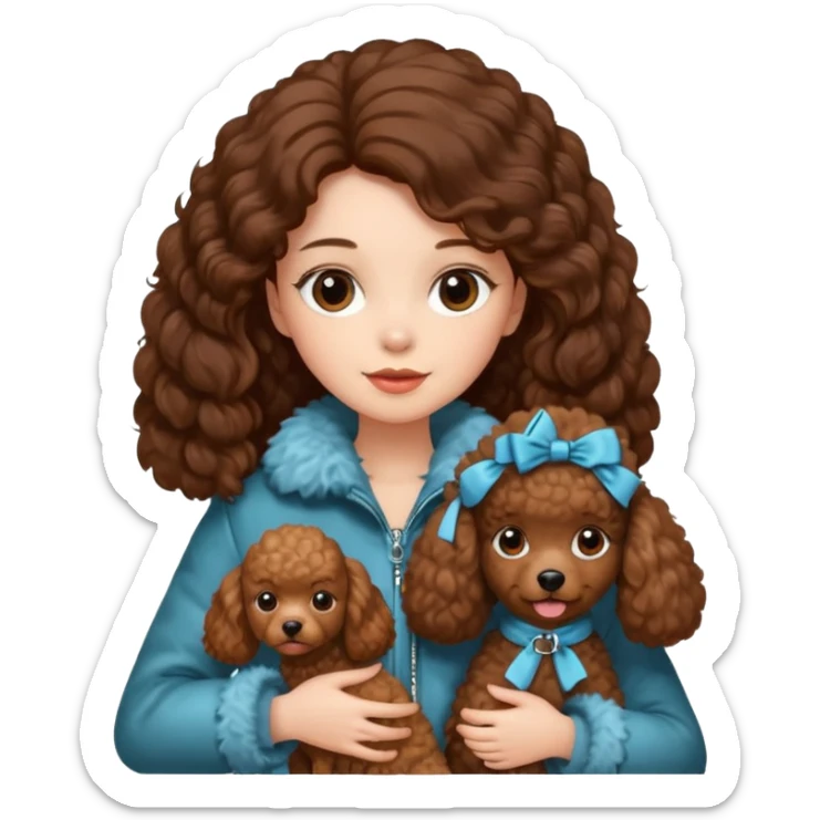 A girl who has long brown hair and wears a fur jacket holds a brown poodle sticker