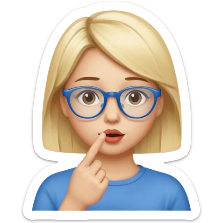Blonde girl with brown eyes,  blue glasses saying shhhh with her finger to her lips sticker