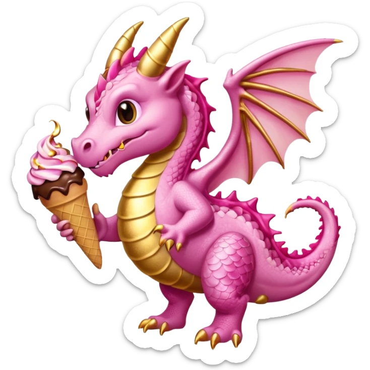 A dragon with its shiny glittered wings in pink tones and pink and gold legs, eats vanilla and chocolate ice cream sticker