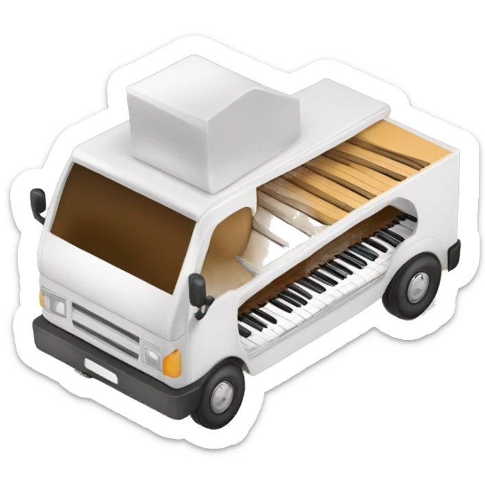 piano in a box truck, side angle , truck whit piano letters sticker