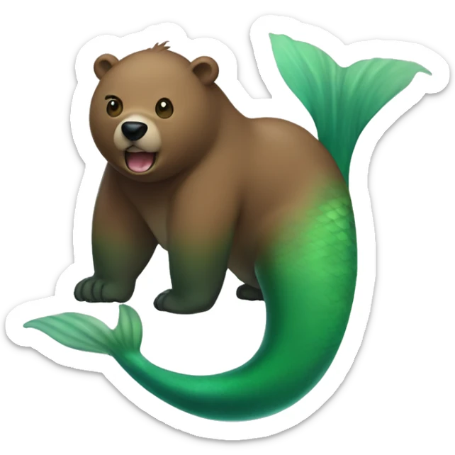 hybrid creature that has head and body of a brown bear and the green tail of a mermaid (merbear) sticker