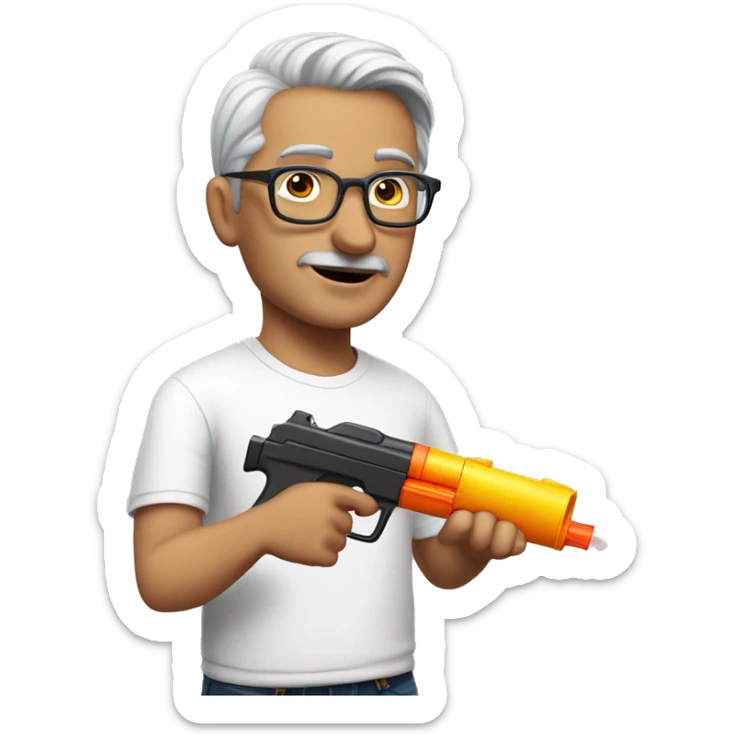 turkish man with glasses and grey hair and white t-shirt pointing a water gun from the side sticker