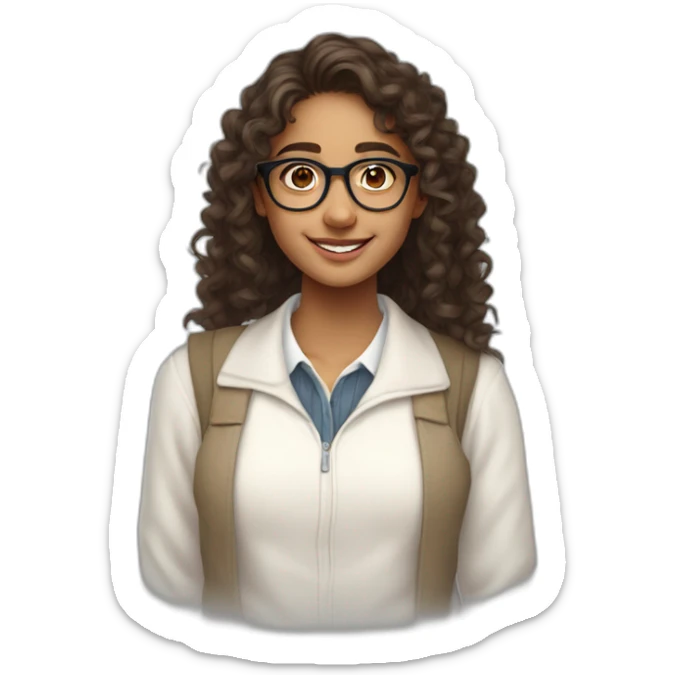 smiling indian teenage girl with curly hair and glasses wearing a collared long sleeve white shirt under a white sweatervest sticker