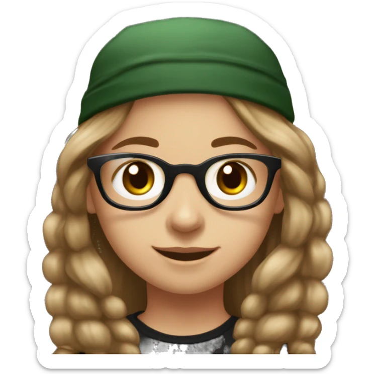 Slavic girl, light skin, smiling with teeth, round brown eyes, spotted frame glasses, long brown straight highlighted hair, black T-shirt, dark green cap, black badge ribbon sticker