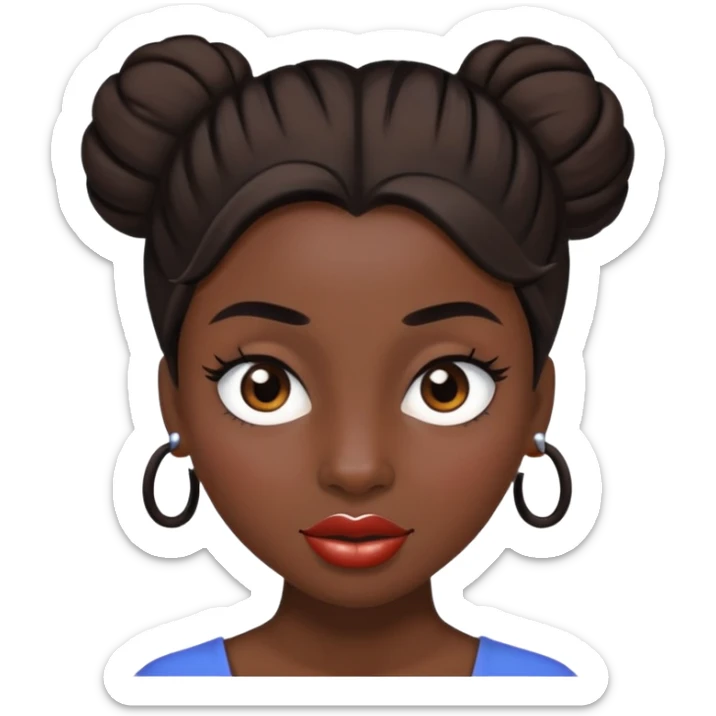 Une femme à la peau noire avec un chignon haut et les cheveux sont bruns avec un œil marron et un œil marron très très claire et une grosse bouche et des gros sourcils sticker